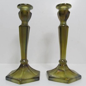lot 98 image: 1930s era Fenton Stretch Glass Florentine Candlesticks