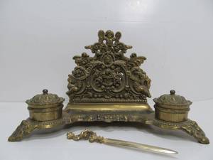 lot 99 image: Antique Ornate Brass Double Inkwell