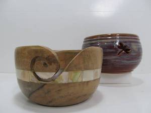 lot 101 image: 2 Nice Yarn Bowls - Inlaid Wood & Art Pottery 