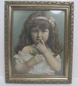 lot 102 image: Cute Antique Victorian Lithograph - Young Girl wFlowers