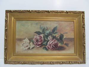 lot 104 image: Very Nice Antique Victorian Oil on Canvas Still Life Painting wRoses by Listed Artist Grace Anderson