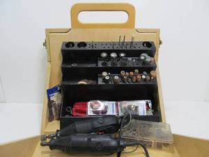 lot 130 image: Nice Wooden Case FULL of Dremel Bits & Supplies - Includes Dremel & Craftsman Rotary Tool