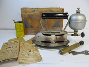 lot 153 image: Antique 1920s era COLEMAN Good Value Gasoline Powered Iron wBox