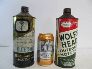 lot 234 image: 2 Vintage Cone Top Metal Outboard Advertising Motor Oil Cans