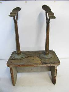 lot 235 image: Antique Solid Bras Double Cobblers Stand on Wood Base