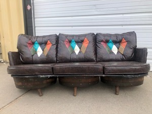 lot 251 image: Very Cool Vintage Retro Whiskey Barrel Sofa by Brothers Furniture - Brown wDiamond Pattern