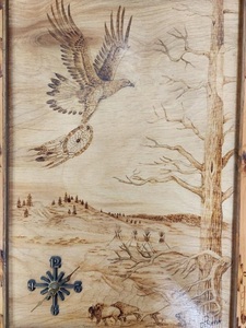lot 283 image: Signed Deb DeSersa Native American Pyrography Art Clock wEagle