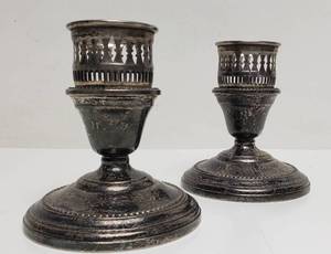 lot 387 image: Vintage Pair Of Farmington Waltrus Sterling Silver Two Piece Candlestick Holders  Base Weighted