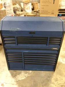 lot 13 image: Husky 56 in. W x 22 in. D Heavy Duty 23-Drawer Combination Rolling Tool Chest and Top Tool Cabinet Set in Matte Blue  Customer Returns See Pictures