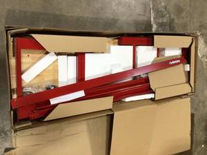 lot 34 image: Husky 6 ft. Adjustable Height Solid Wood Top Workbench in Red for Ready to Assemble Steel Garage Storage System  Customer Returns See Pictures