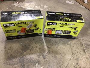 lot 45 image: 2 Lots of RYOBI ONE HP 18V Brushless EZClean 600 PSI 0.7 GPM Cordless Battery Cold Water Power Cleaner with 4.0 Ah Battery and Charger  Customer Returns See Pictures