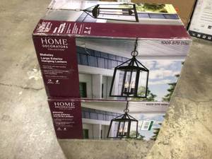 lot 47 image: 2 Lots of Home Decorators Collection Blakeley Transitional 2-Light Black Outdoor Pendant with Beveled Glass Customer Returns See Pictures