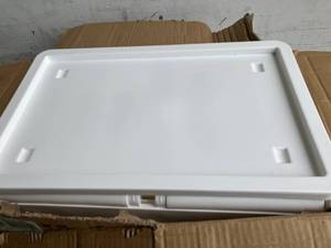 lot 30 image: 8.5Gal Plastic Collapsible Stackable Storage Bin with Wheels
