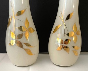 lot 235 image: Pair of Vintage Milk Glass Vases with Golden Accents