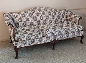 lot 2 image: Carved Mahogany Custom Upholstered Sofa