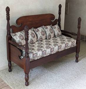 lot 1 image: Custom Upholstered Vintage Wood Bench