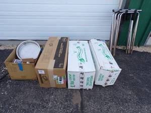lot 107 image: 3 Boxes of Insulated Ducting, Security light mounts, 3 Folding Tray holders, Pan