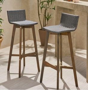 lot 271 image: Set Of 2, Bellagio Outdoor Acacia Wood & Wicker Barstools (OPEN BOX)