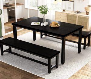 lot 280 image: AWQM Dining Room Table Set, Kitchen Table Set with 2 Benches, Ideal for Home, Kitchen and Dining Room, Breakfast Table of 43.3x23.6x28.5 inches, Benches of 38.5x11.8x17.5 inches, Black (OPEN BOX)