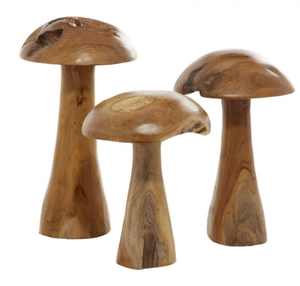lot 313 image: Set Of 3 Brown Teak Wood Mushroom Sculpture 16, 14, 12H