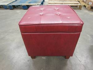 lot 306 image: HomePop Leatherette Tufted Square Storage Ottoman with Hinged Lid, Dark Red