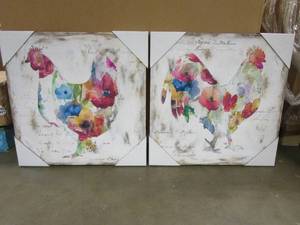 lot 316 image: Flowered Hen & Rooster On Canvas 2 Pieces by Carol Robinson Print