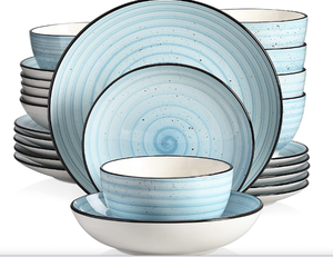 lot 337 image: vancasso Bonbon Blue Dinnerware Sets 24 Pieces Stoneware Plates and Bowls Set, Handpainted Spirals Pattern Combination Set with Dinner Plates, Dessert Plates, Soup Plates and Bowls Service for 6 (OPEN BOX)