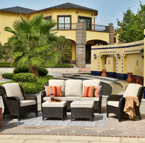 lot 352 image: OVIOS 5-piece Patio Conversation Wicker Furniture Set - Dark Brown Wicker with Beige Cushions