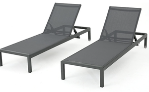 lot 353 image: Christopher Knight Home Cape Coral Outdoor Aluminum Chaise Lounges with Mesh Seat, 2-Pcs Set, Grey  Dark Grey (OPEN BOX, MAY BE MISSING HARDWARE)