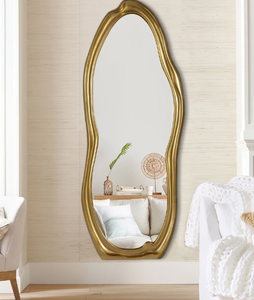 lot 354 image: Asymmetrical Shaped Framed Wall Mounted Full-Length PU Mirror in Gold (OPEN BOX)