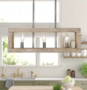 lot 377 image: Kiria Rustic Farmhouse 3-light Linear Solid Wood Mini Chandelier Lighting for Kitchen Island Dining Room (OPEN BOX)