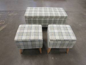 lot 347 image: Fancy Fixtures Taupe & Blue Plaid Storage Bench & Ottoman Set - 3 Piece