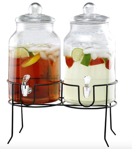 lot 401 image: Style Setter Rustic Home Beverage Dispenser Set of 2 Cold Drink Dispenser w 1-Gallon Capacity each Glass Jug, Metal Rack & Leak-Proof Acrylic Chrome Spigot (OPEN BOX)
