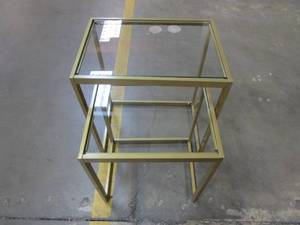 lot 411 image: Set of 2 - Gold Side Tables with Glass Tops (PAINT CHIPS ON SIDE, OUT OF BOX)