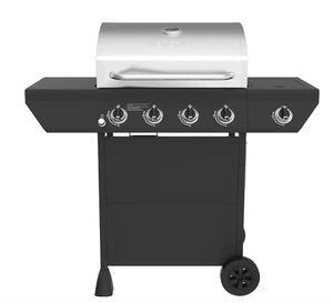lot 463 image: Nexgrill 4-Burner Propane Gas Grill in Black with Side Burner and Stainless Steel Main Lid (OPEN BOX, ONE BRACE IS BENT)