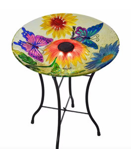 lot 505 image: Teamson Home 18 in. Glass Butterfly Outdoor Fusion Solar Birdbath with Stand (OPEN BOX)