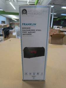 lot 525 image: Architectural Mailboxes Franklin Bronze, Medium, Steel, Post Mount Mailbox (SLIGHTLY DENTED, OPEN BOX)