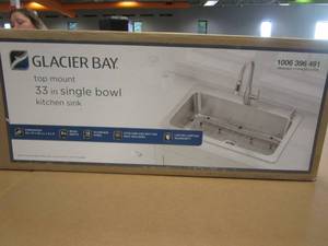 lot 545 image: Glacier Bay Bratten Drop-InUndermount 18G Stainless Steel 33 in. 2-Hole Single Bowl Kitchen Sink with Accessories (OPEN BOX)