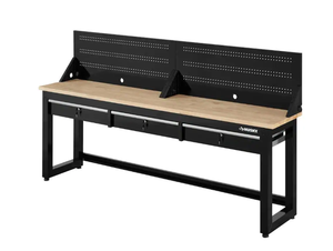 lot 580 image: Husky Ready-To-Assemble 8 ft. Solid Wood Top Workbench in Black with Pegboard and 3 Drawers (NEW)