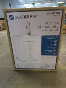 lot 558 image: Glacier Bay All-in-One Stainless Steel 24 in Laundry Sink with Faucet and Storage Cabinet in White (IN BOX)