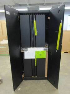 lot 562 image: Husky 5 Piece Steel Garage Storage System in Black (1 Large Cabinet, 2 Wall Cabinets, 2 Base Cabinets) (LARGE CABINET NEEDS LOCK FIXED)