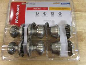 lot 604 image: Kwikset Cove Satin Nickel Keyed Entry Door Knob and Single Cylinder Deadbolt Project Pack with Pin & Tumbler featuring Microban