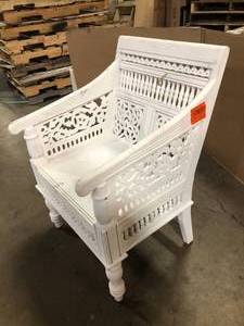 lot 5 image: Home Decorators Collection Maharaja Sandblasted White Wood Hand-Carved Arm Chair   Customer Returns See Pictures