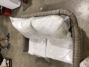 Hampton Bay Chasewood Brown Wicker Outdoor Patio Loveseat with CushionGuard Biscuit Cushions Customer Returns See Pictures