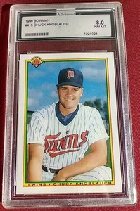 lot 56 image: 1990 Bowman Chuck Knoblauch Rookie Card - AGS 8