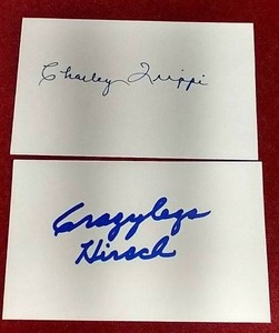 lot 114 image: (2) NFL HOFer Autographed Index Cards - Crazylegs Hirsch & Charley Trippi