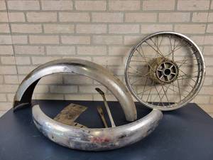 lot 7 image: Vintage Front and Rear Chrome Motorcycle Fenders and Rim - Norton  Triumph