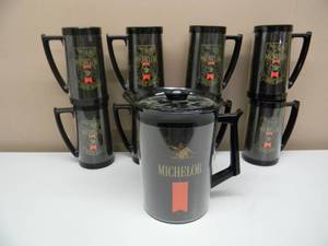 lot 27 image: RARE SET - VINTAGE WEST BEND THERMO SERV INSULATED MICHELOB BEER PITCHER WLID & 8 BEER MUGS - RARE FANTASTIC SET - NICE - SEE PICTURES