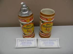 lot 35 image: VINTAGE 1998 LIMITED EDITION Old Milwaukee Beer Lidded & Unlidded Stein Mug WCOA  - THE HOUSE OF WIEBRACHT - NICE - GREAT SET - SEE PICTURES