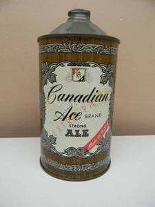 lot 50 image: RARE VINTAGE 1950s CANADIAN ACE BEER ONE QUART CONE TOP BEER CAN - Chicago Ill. - NICE - FANTASTIC COLLECTIBLE - SEE PICTURES